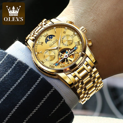 OLEVS 6617 Men's Classic Mechanical Watch Waterproof Business Stainless Steel Strap Watch  Sun And Moon 30M Waterproof Watch