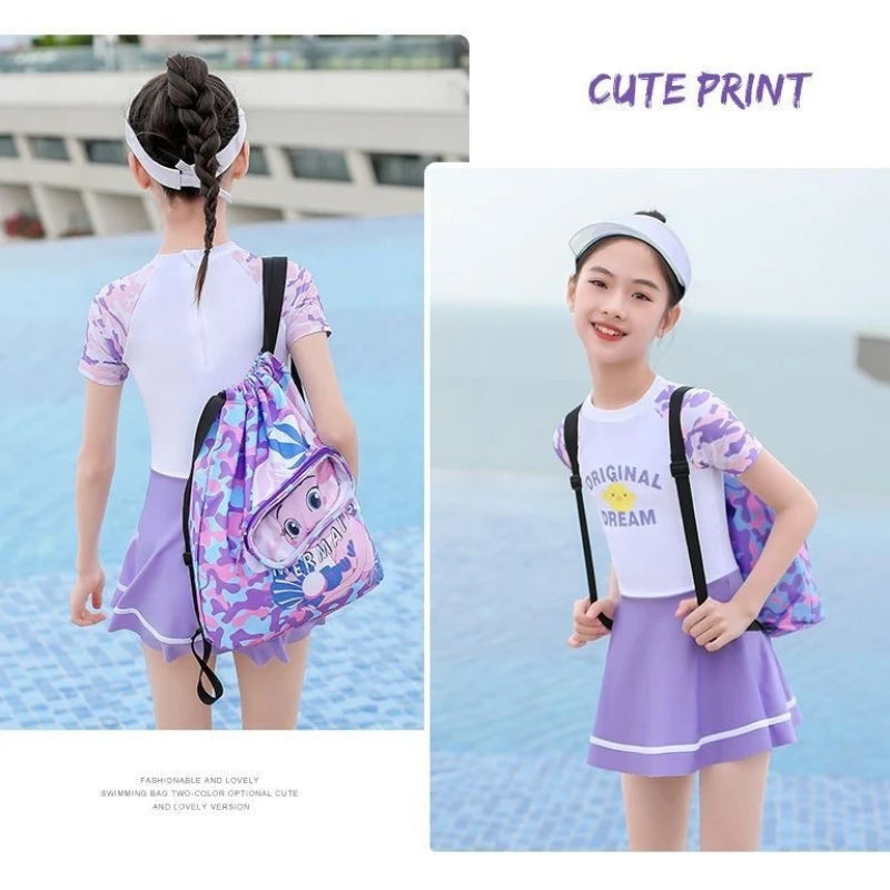 Portable Kids Swimming Bag Waterproof Dry Wet Separation Backpack with Cartoon Print, Essential Organizer for Children's Sports