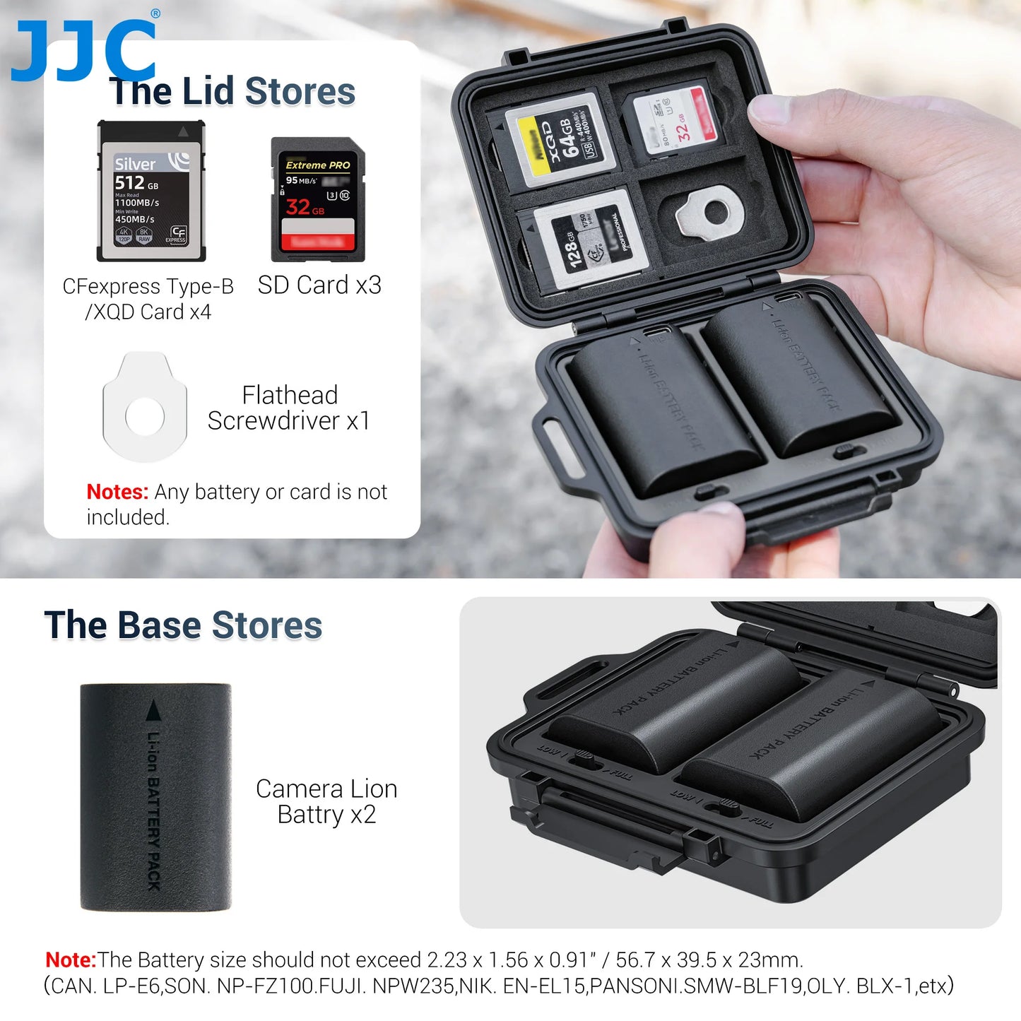 JJC JBC-K2CBS Memory Card & Battery Storage Case for 3 SD Card 4 CFe B Card 2 Batteries Fujifilm NP-W235 Nikon EN-EL15 Case Box