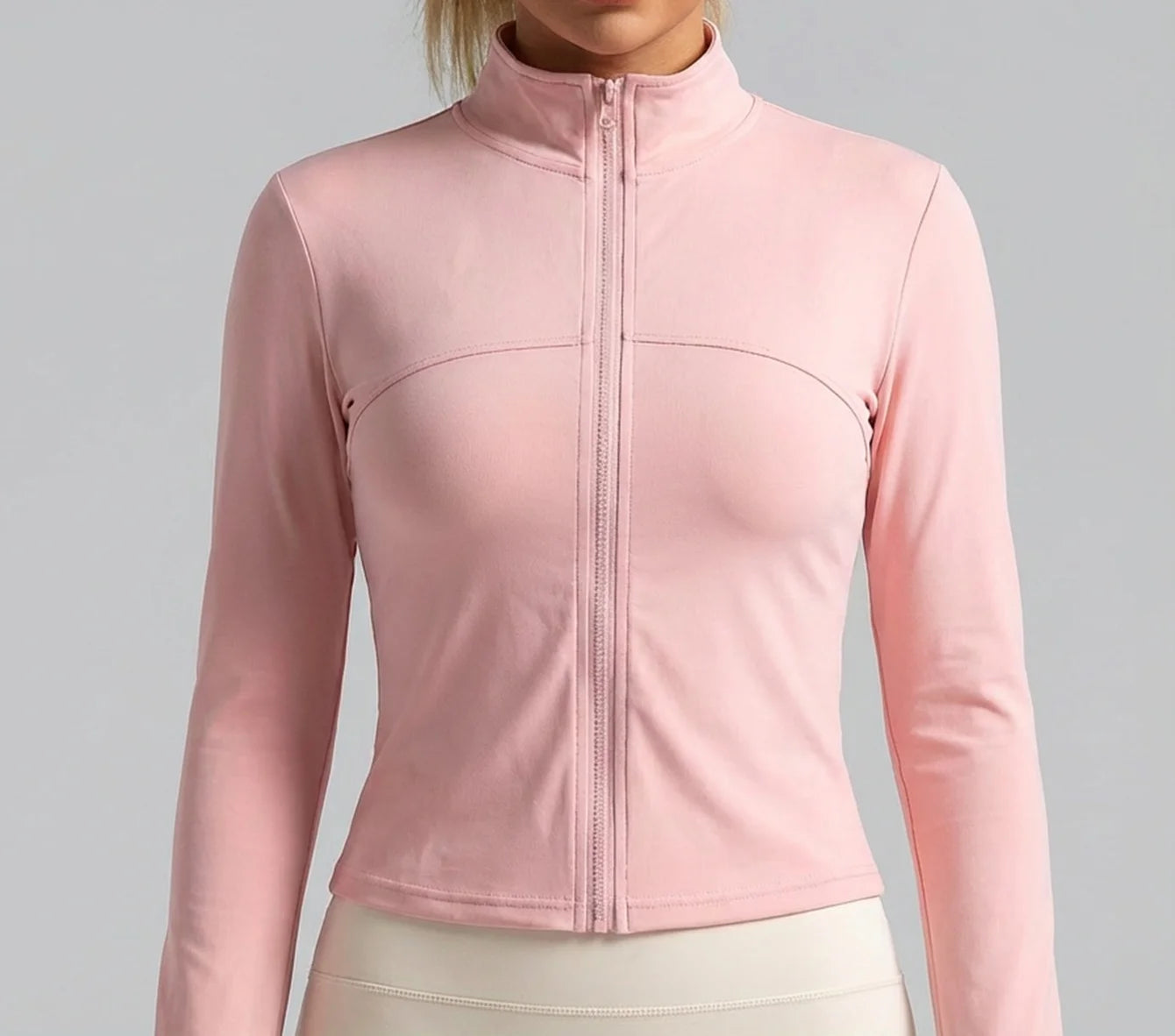 New Women Light Pink Yoga Coat Quick Dry Athletic Jacket with Zip Slim Fit Stand Up Collar Fitness Gym Workouts Outdoor Wear