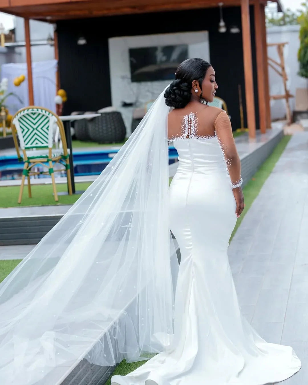 African White Mermaid Wedding Dress Sexy Transparent Illusion Long Sleeve Bridal Dress Beaded Pleat Detachable Tail Customized