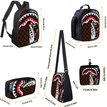 1/2/3/4/5PCS Trendy Shark Graphic Backpack Set | Perfect for School & Daily Adventures