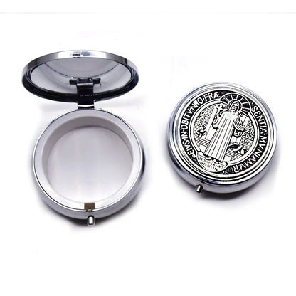 Retro Religious Jewelry Box Round Zinc Alloy Saint Benedict Jewelry Box Elegant Jewelry Storage Box Travel Storage
