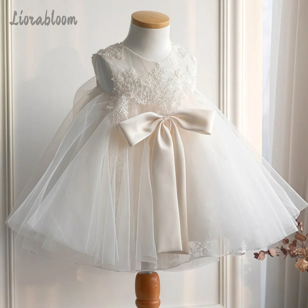 Girls' White Lace Mesh Dress Featuring Large Bow Accent Flower Girl Gown Formal Party Dress Elegant Princess Dress