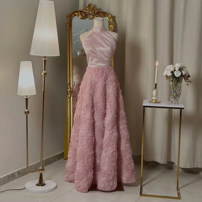 Customized Charmeuse Flower Halter A-line Long Dresses Bespoke Occasion Elegant Charming Party Gown Prom Formal Evening