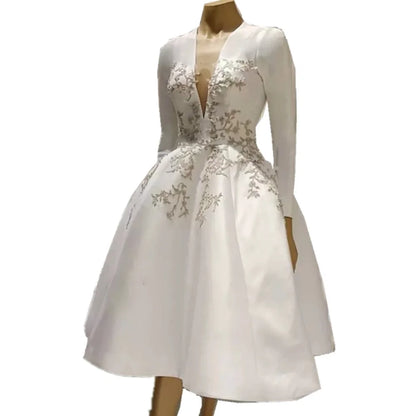 Silver Embroidery Long Sleeves V-Neck Bride Reception Gown Customized