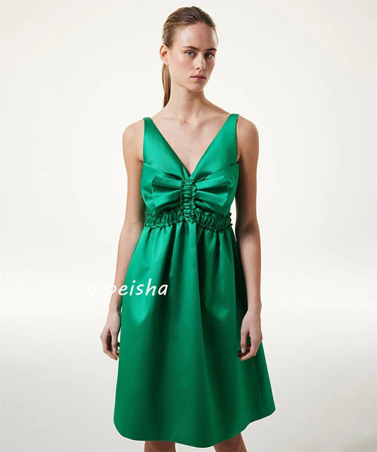 Customized Satin Bow Draped Formal Evening A-line V-neck Bespoke Occasion Gown Knee Length Dresses