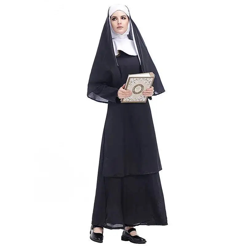 Cos Nun Sister Habit Costume Halloween Women Christian Missionary Catholic Cosplay Carnival Fantasia Fancy Dress Balck Long