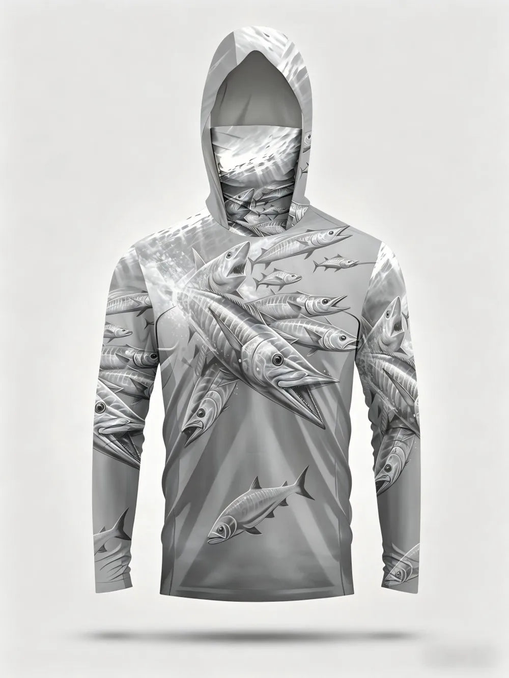 Men's summer fashion fish school print comfortable breathable hooded fishing suit long sleeved T-shirt outdoor casual top