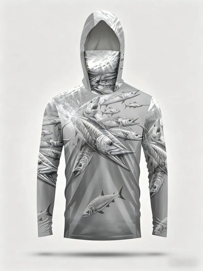 Men's summer fashion fish school print comfortable breathable hooded fishing suit long sleeved T-shirt outdoor casual top