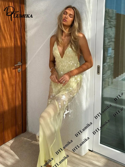 DTLumika Pale Yellow Sequin Slip Maxi Party Dress Beach Holiday Dresses for Women Spaghetti Straps Long Sheath Vacation Gowns