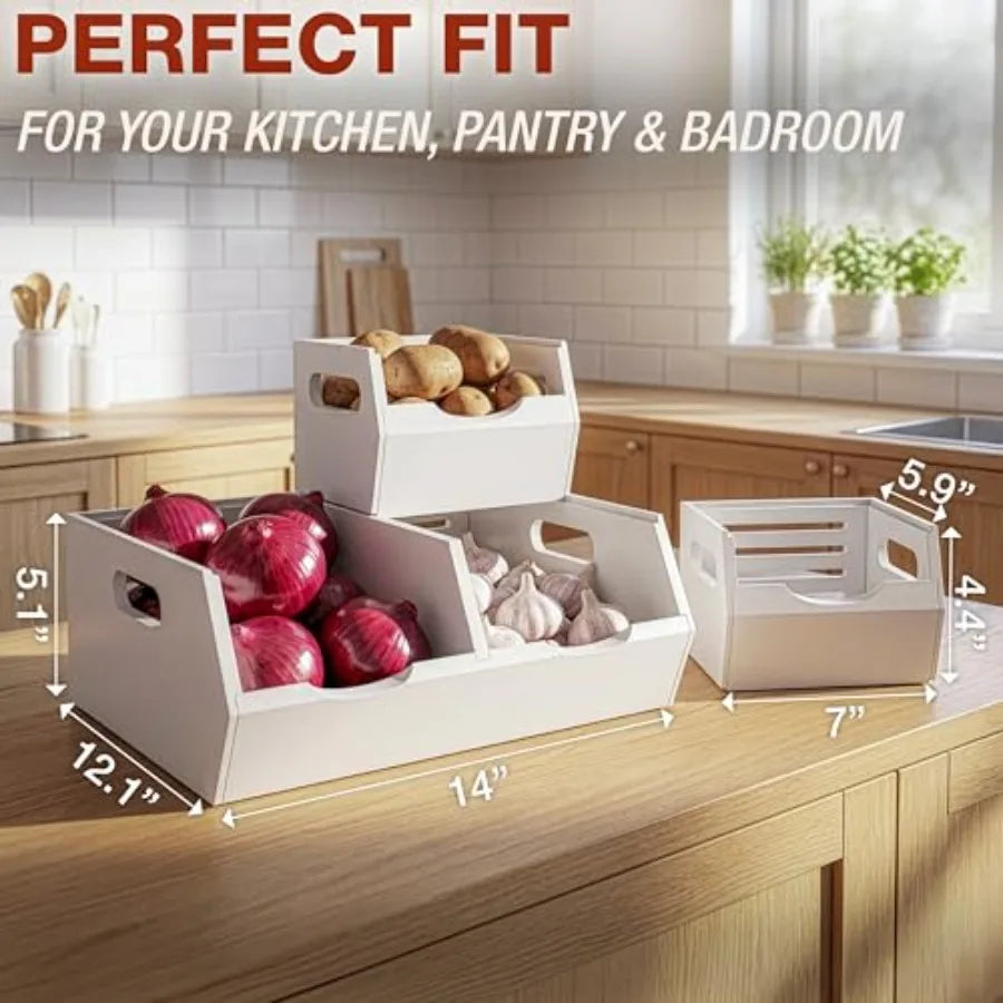 Stackable Solid Wood Storage Bins for Kitchen Pantry and Countertop, Ventilated Potato and Onion Basket Organizer with Handles,