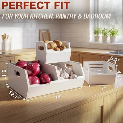 Stackable Solid Wood Storage Bins for Kitchen Pantry and Countertop, Ventilated Potato and Onion Basket Organizer with Handles,