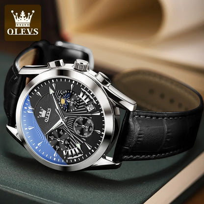 OLEVS casual fashion men's watches Moon Phase Chronograph waterproof man wristwatch Leather strap trend genuine watch for man