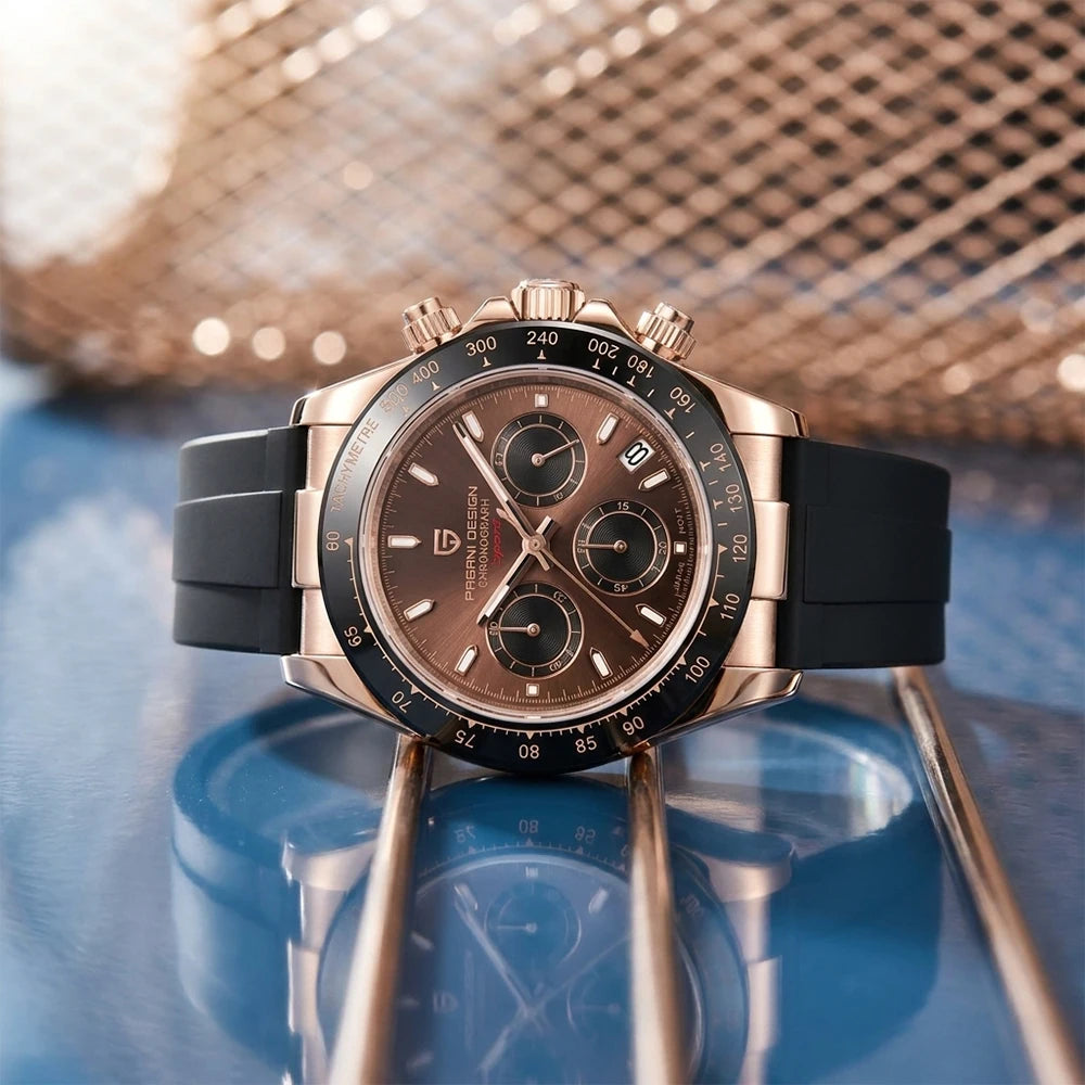 PAGANI DESIGN Men Quartz Chronograph Watch RoseGold Case Black Ceramic Bezel Brown Dial Rubber Strap Waterproof Sports watch+box