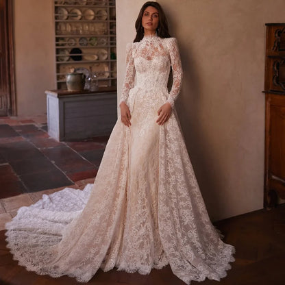 Customized Elegant Lace Long Sleeve Mermaid Wedding Dress Detachable Train Luxury High Collar Beaded Wedding Bride Dress