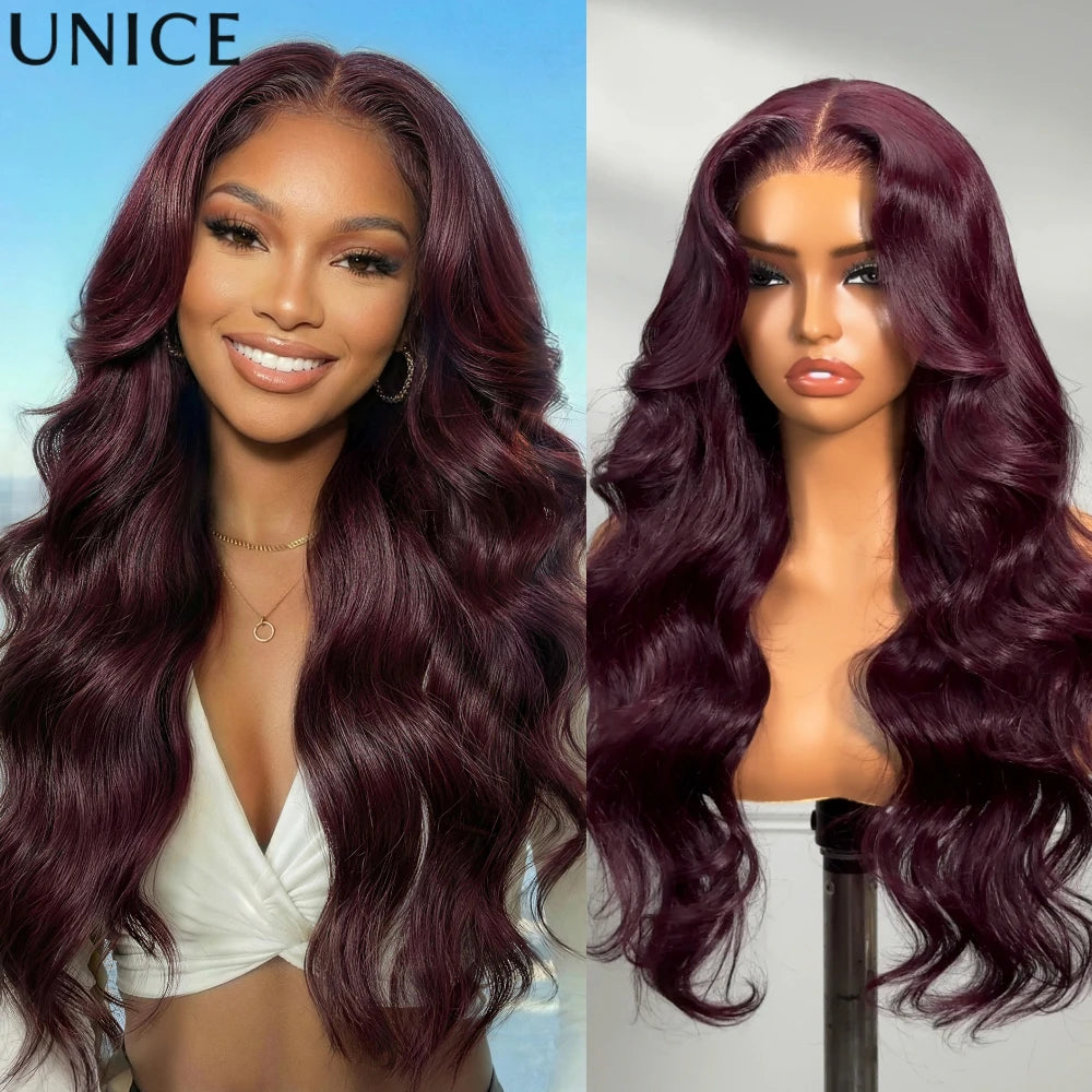 UNice 7x5 & 13x4 Lace Purple Black Cherry Loose Wave Wig With Face-Framing Layers Pull & Go Drawstring Glueless Human Hair Wig