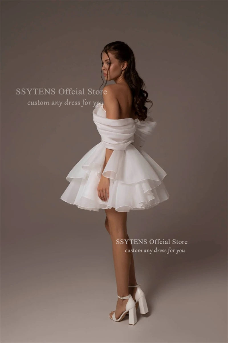 SSYTENS Chic Mini Wedding Dresses Ruffled Bride Dresses Tiered Organza Off Shoulder White A Line Robes De Celebrity Customized
