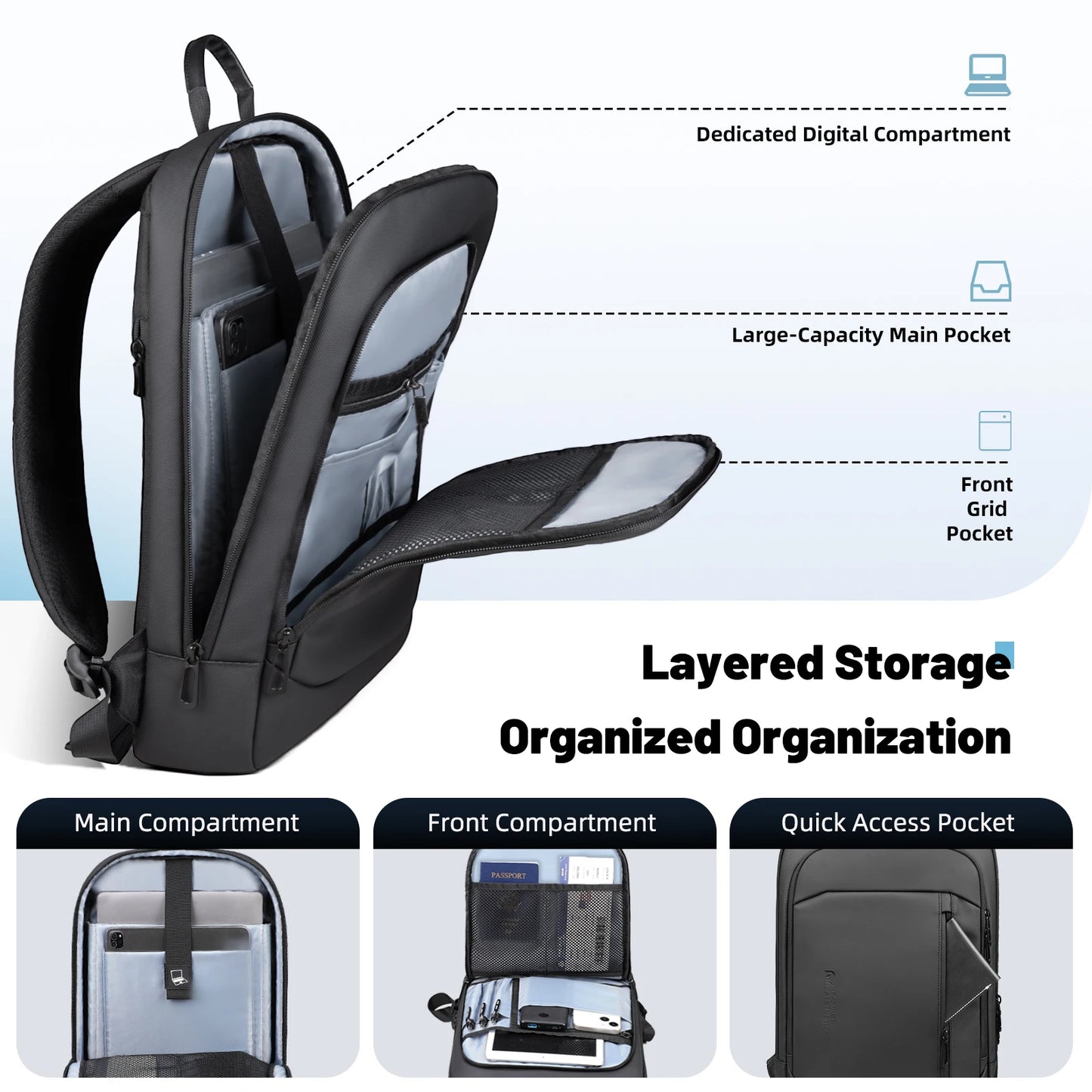 HK Lightweight Men's Business Backpack 15.6 inch Laptop Backpack with USB Port AntiTheft Waterproof Backpack Computer School Bag