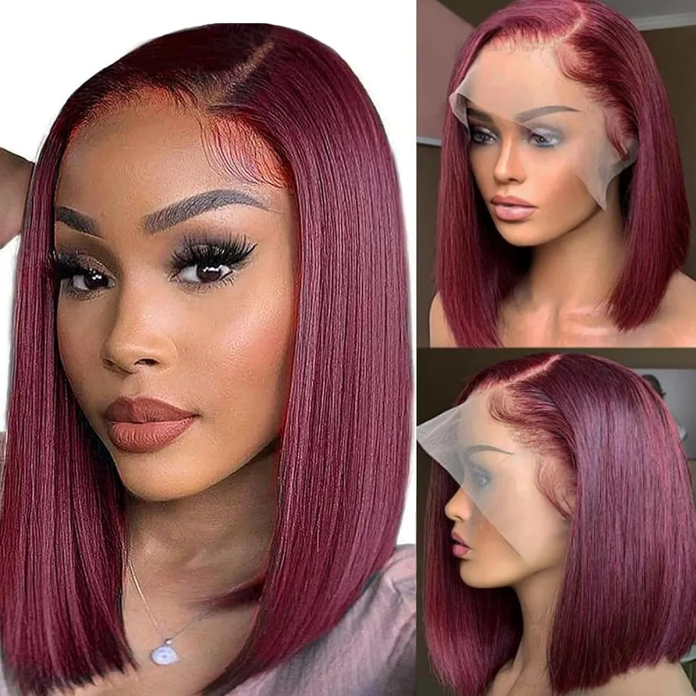 13x4 HD Lace Front Wigs 200 Density Preplucked Prebleached 99J Burgundy Colored 8-14 InchStraight Short Bob Human Hair Wigs