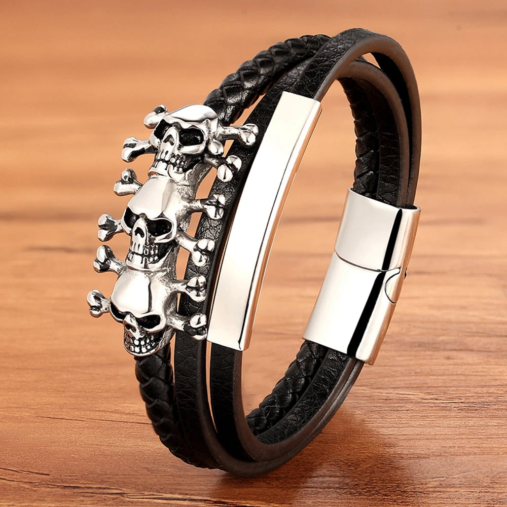 XQNI Luxury Vintage Multilayer Leather Men Bracelet Bead Bracelet Stainless Steel Charm Jewelry Male Wrist Bangle Birthday Gift