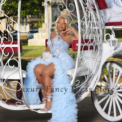Sparkling Crystal Prom Dresses 2025 Tulle Pleats Side Slit Mermaid Evening Party Gown Strapless Customized robe de soiree dubaï
