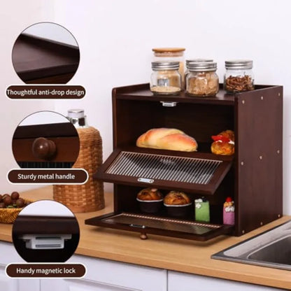 Double 2 Layer Large Bread Box for Kitchen Counter, Wooden Bread Storage Container Organizer Holder with Acrylic Window