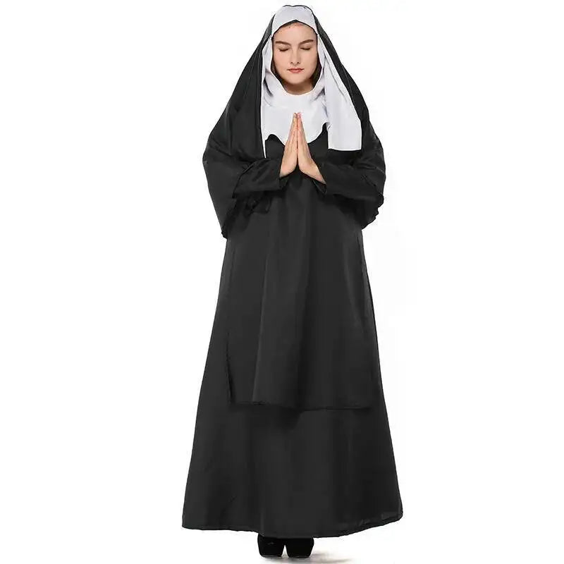 Cos Nun Sister Habit Costume Halloween Women Christian Missionary Catholic Cosplay Carnival Fantasia Fancy Dress Balck Long
