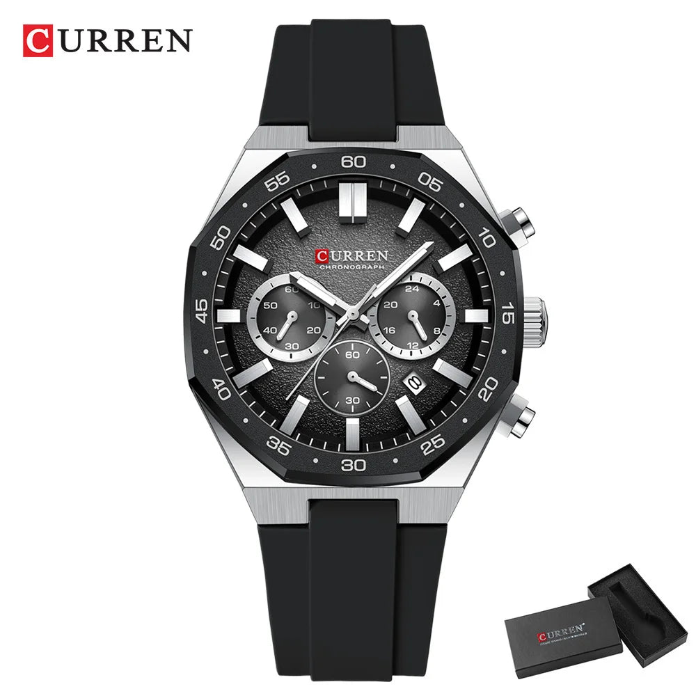 CURREN Fashion Casual Men Sports Watch Chronograph Silicone Belt Auto Date Dial Quartz Wristwatch Male Reloj Relogio Masculino
