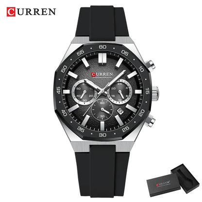 CURREN Fashion Casual Men Sports Watch Chronograph Silicone Belt Auto Date Dial Quartz Wristwatch Male Reloj Relogio Masculino