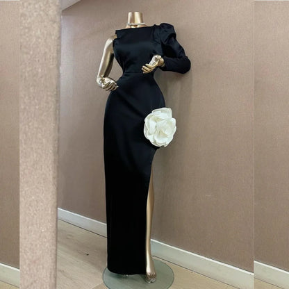 Customized Satin Handmade Flower Engagement A-line One-shoulder Bespoke Occasion Gown Long Dresses