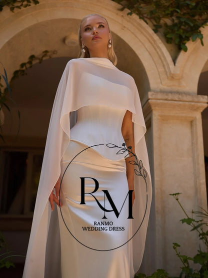 Ranmo White Strapless Mermaid Wedding Dress Sleeveless Satin Vestidos Mujer Detachable Cloak Backless Wedding Gown Customized