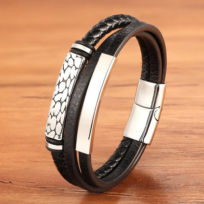 XQNI Luxury Vintage Multilayer Leather Men Bracelet Bead Bracelet Stainless Steel Charm Jewelry Male Wrist Bangle Birthday Gift