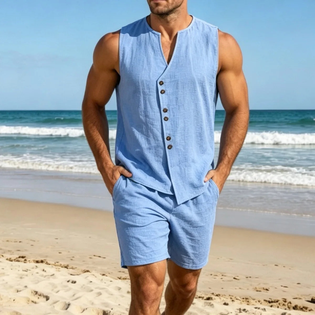 Men Simple Solid Linen Sleeveless Vest Shirt Shorts Set Summer Beach Casual Outfit