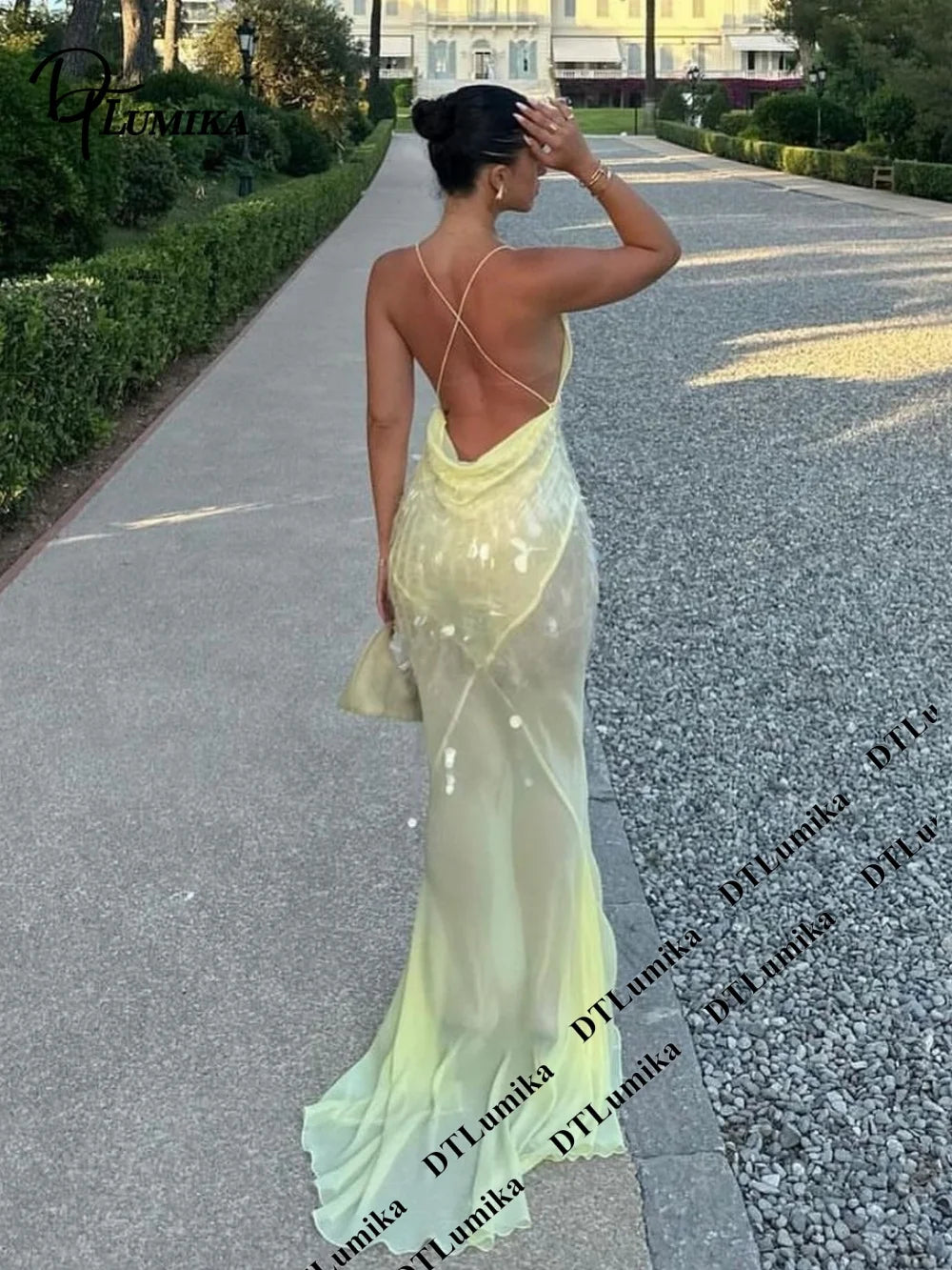 DTLumika Pale Yellow Sequin Slip Maxi Party Dress Beach Holiday Dresses for Women Spaghetti Straps Long Sheath Vacation Gowns