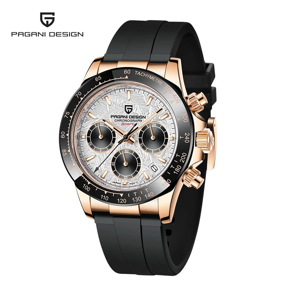 PAGANI DESIGN Men Quartz Chronograph Watch RoseGold Case Black Ceramic Bezel Brown Dial Rubber Strap Waterproof Sports watch+box