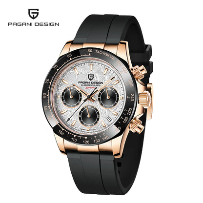 PAGANI DESIGN Men Quartz Chronograph Watch RoseGold Case Black Ceramic Bezel Brown Dial Rubber Strap Waterproof Sports watch+box