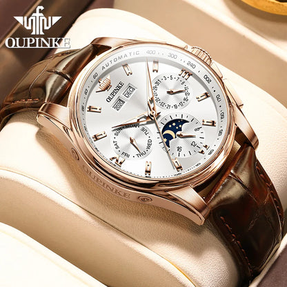 OUPINKE Men's Watches Casual Trend Leather Strap Original Automatic Mechanical Watch for Man Waterproof Moon Phase Calendar New