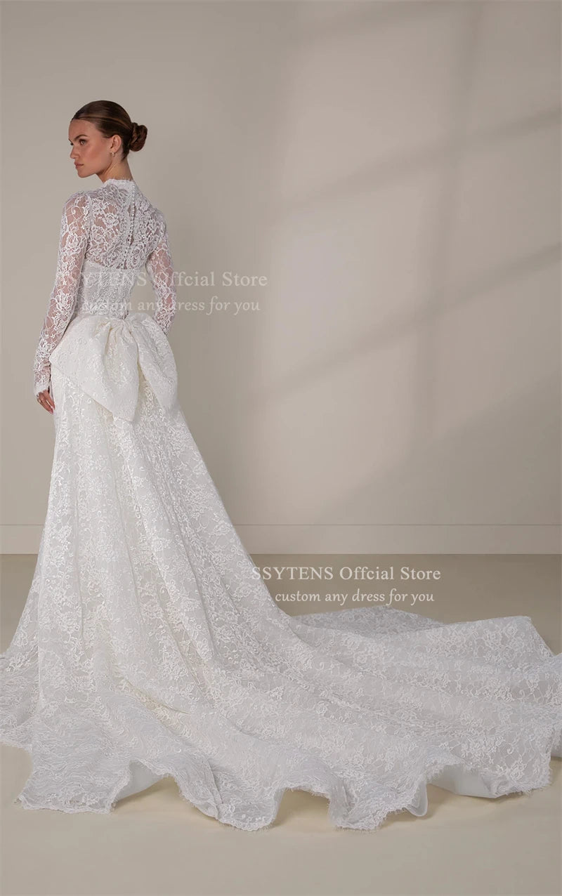 SSYTENS Luxury Lace Wedding Dresses Long Sleeves V Neck Bride Dress Detachable Bow Train Sheath Mermaid Bridal Gowns Customised