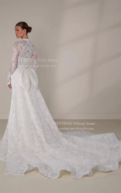 SSYTENS Luxury Lace Wedding Dresses Long Sleeves V Neck Bride Dress Detachable Bow Train Sheath Mermaid Bridal Gowns Customised