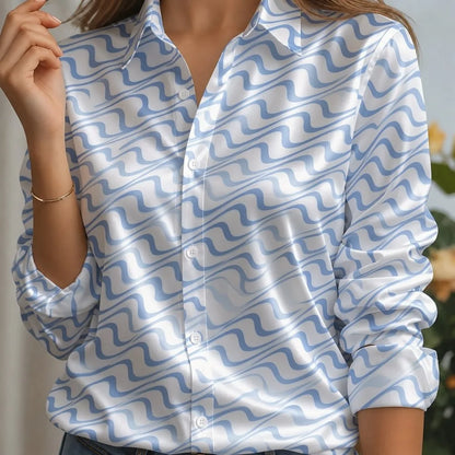 Women Satin Lapel Collar Shirt Pastel Striped Print Long Sleeve Loose Blouse Elegant Office Daily Casual Button Front Silk Feel