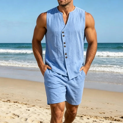 Men Simple Solid Linen Sleeveless Vest Shirt Shorts Set Summer Beach Casual Outfit