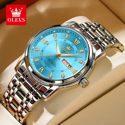 OLEVS Brand Fashion men's watches stainless steel waterproof Quartz wristwatch luminous Original watch for man Dual Calendar