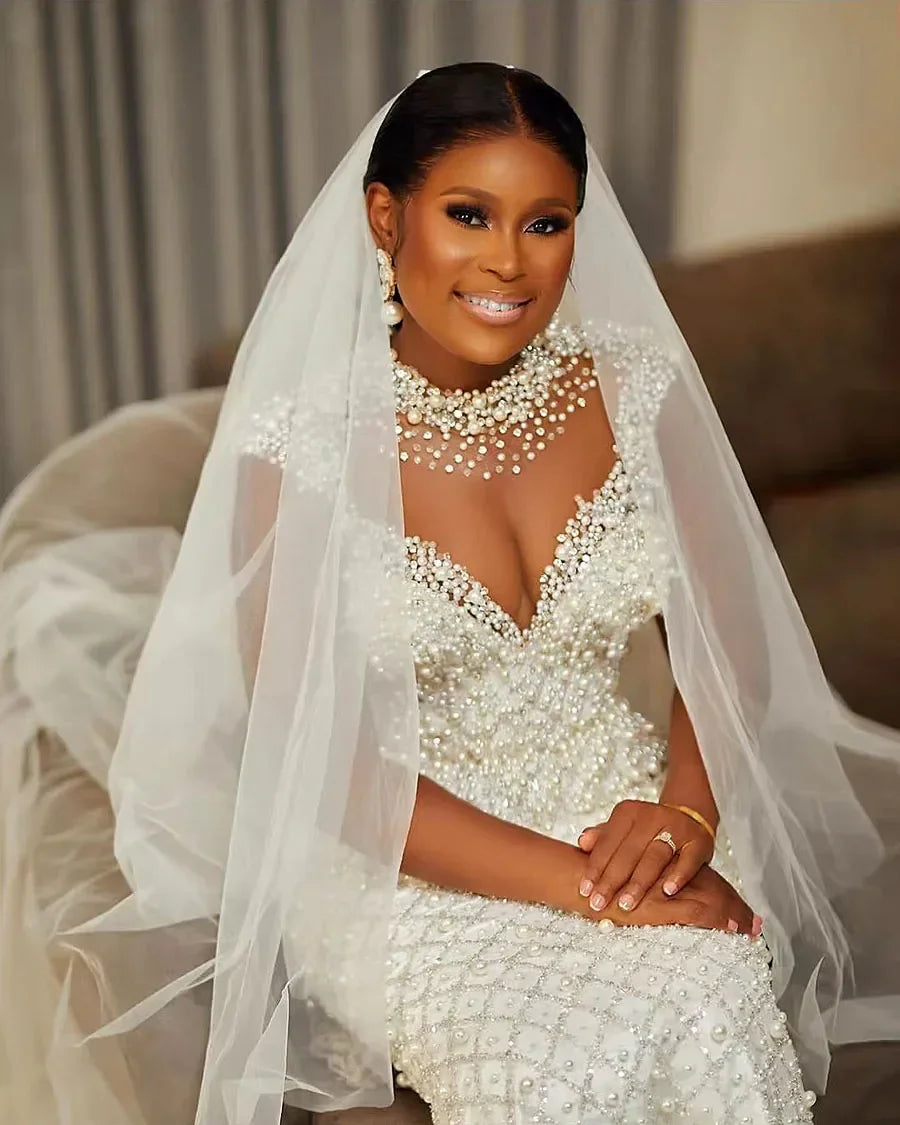 Arab Luxury Beaded Mermaid Wedding Dress Elegant Pearl Sleeveless  Bride Dress Wedding Party Dress Customized