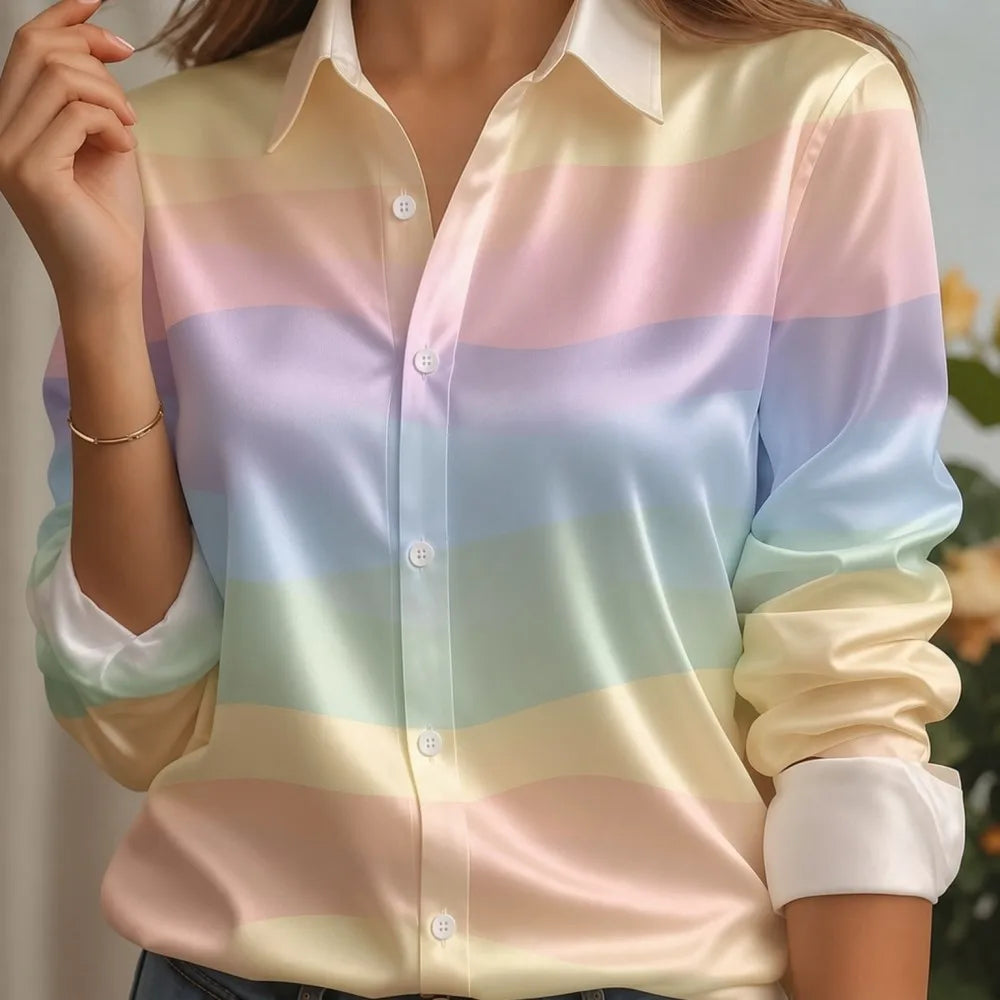 Women Satin Lapel Collar Shirt Pastel Striped Print Long Sleeve Loose Blouse Elegant Office Daily Casual Button Front Silk Feel