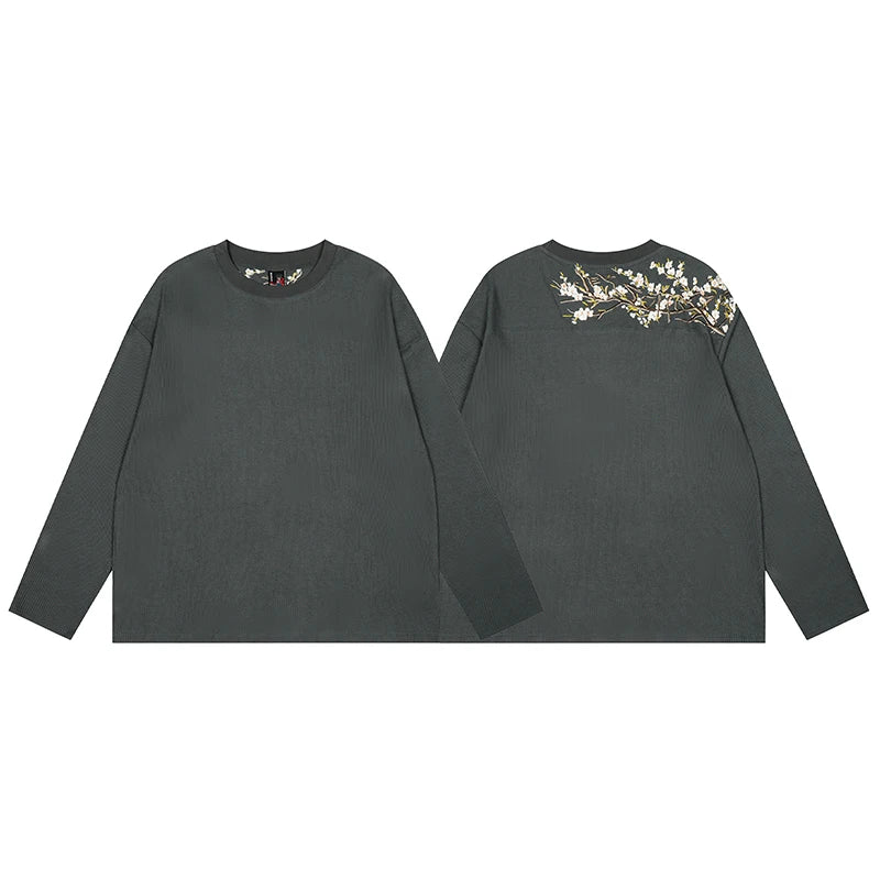 26ss DERSCHUTZE Long Sleeved White Waffle Patterned Cherry Blossom Embroidered T-shirt Loose Casual Top DERSCHUTZE Top Tee