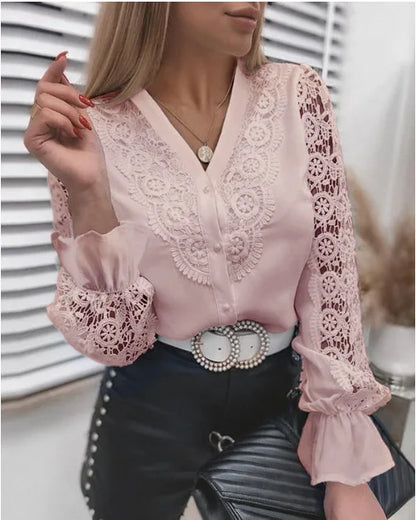 Elegant White Lace Hollow Panel Long Sleeve Blouse for Women, Office Lady Solid Top