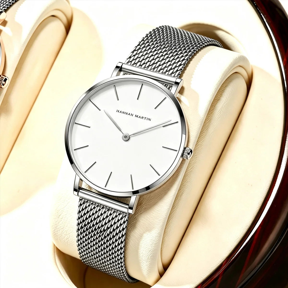 Women's Watch Hannah Martin Brand Stainless Steel Mesh Strap 36mm Silver Minimalist Dial Japanese Quartz Movement 6.9mm Slim Clock 3Bar Life Waterproof Local Fast Shipping Women Watch