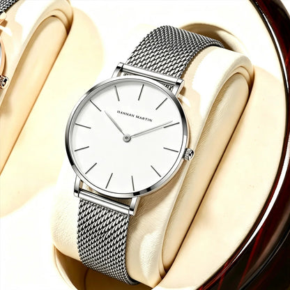 Women's Watch Hannah Martin Brand Stainless Steel Mesh Strap 36mm Silver Minimalist Dial Japanese Quartz Movement 6.9mm Slim Clock 3Bar Life Waterproof Local Fast Shipping Women Watch