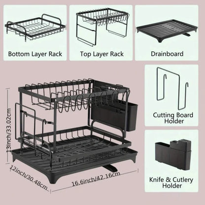 Rustproof Stainless Steel Dish Drying Rack, 2-Tier Large Dish Rack For Kitchen Countertops,With Utensil Holder